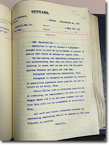 photo du câble. Archives de la Compagnie de la Baie  d’Hudson, Archives du Manitoba, Cables related  to Hudson’s Bay Company’s wartime business with European governments, Cables in, no. 1, #162-1048,  du 5 novembre 1914 au 15 mai 1915, RG22/6/2/1.